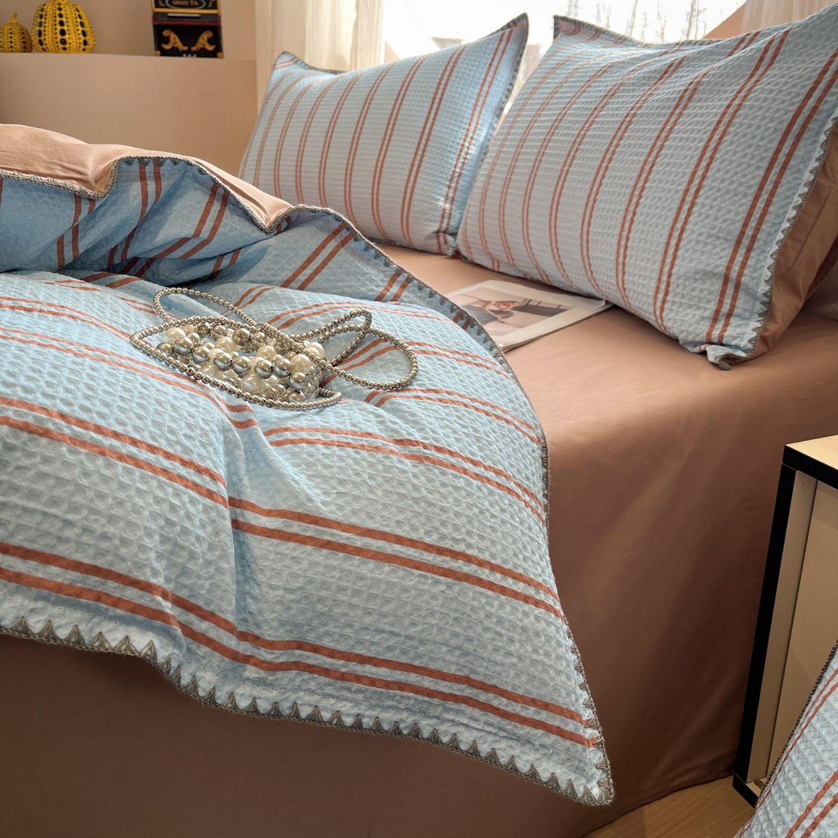 91家纺网 家纺一手货源 找家纺 莱茵家居 2026新款A类全棉华夫格印花贝壳边套件-华夫系列 华夫-蓝莓