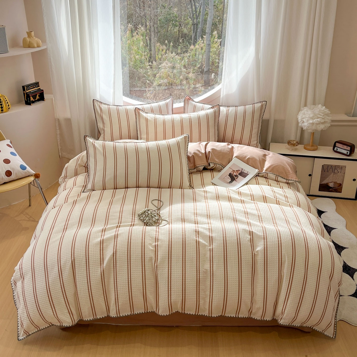 91家纺网 家纺一手货源 找家纺 莱茵家居 2026新款A类全棉华夫格印花贝壳边套件-华夫系列 华夫-拿铁