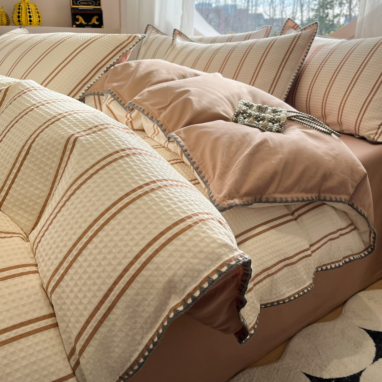 莱茵家居 2026新款A类全棉华夫格印花贝壳边套件-华夫系列 华夫-拿铁