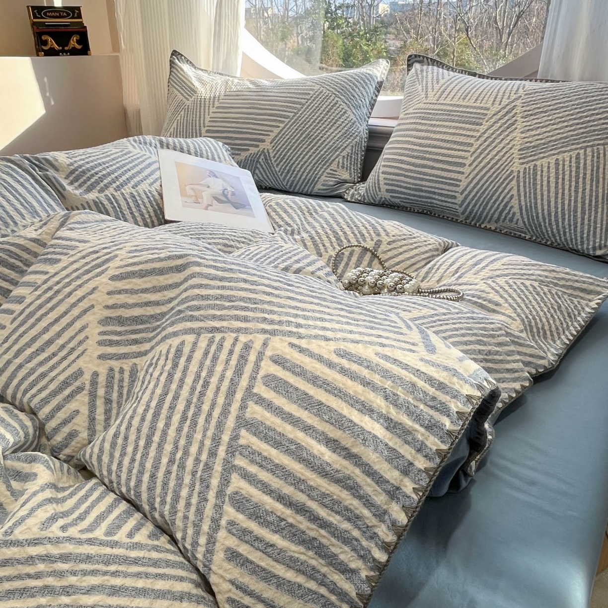 91家纺网 家纺一手货源 找家纺 莱茵家居 2026新款A类全棉华夫格印花贝壳边套件-华夫系列 华夫-尼罗蓝