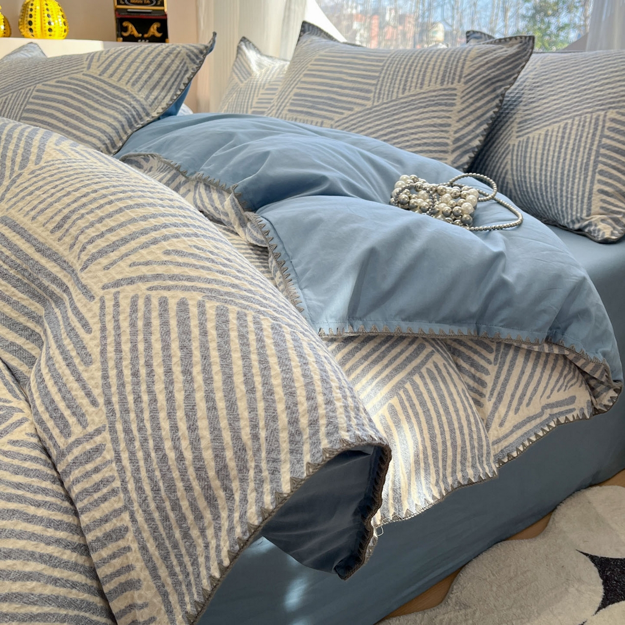 莱茵家居 2026新款A类全棉华夫格印花贝壳边套件-华夫系列 华夫-尼罗蓝