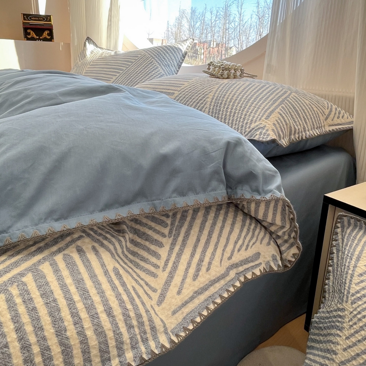 91家纺网 家纺一手货源 找家纺 莱茵家居 2026新款A类全棉华夫格印花贝壳边套件-华夫系列 华夫-尼罗蓝