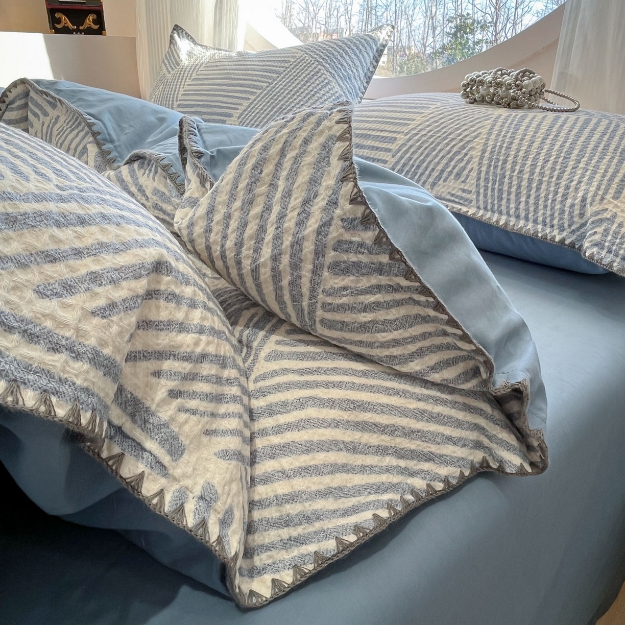 91家纺网 家纺一手货源 找家纺 莱茵家居 2026新款A类全棉华夫格印花贝壳边套件-华夫系列 华夫-尼罗蓝