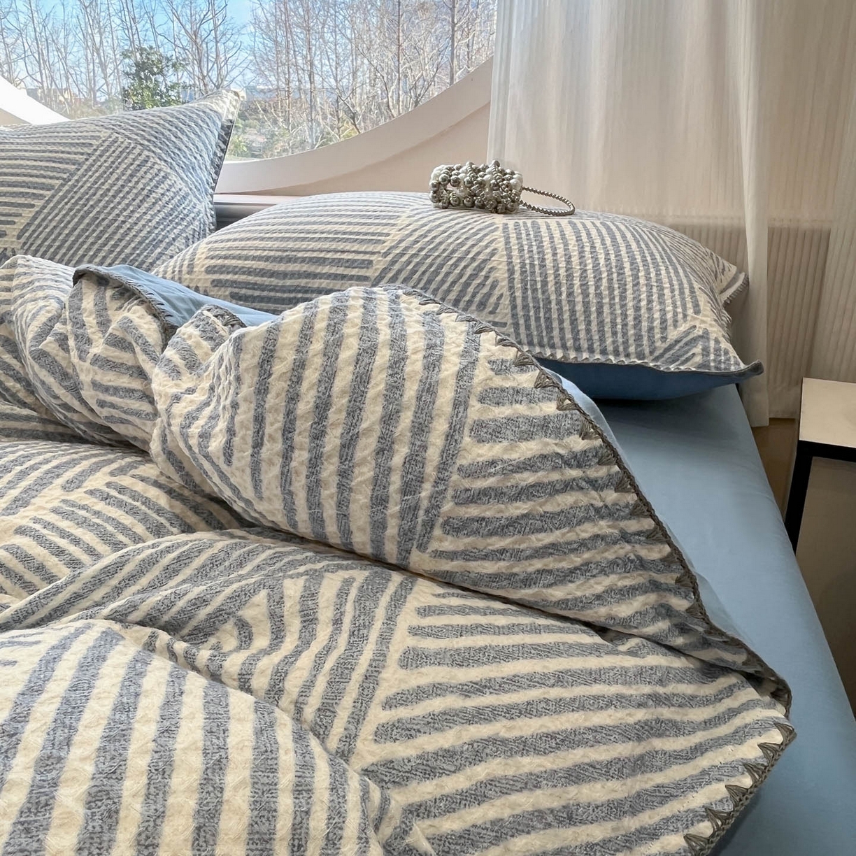 91家纺网 家纺一手货源 找家纺 莱茵家居 2026新款A类全棉华夫格印花贝壳边套件-华夫系列 华夫-尼罗蓝