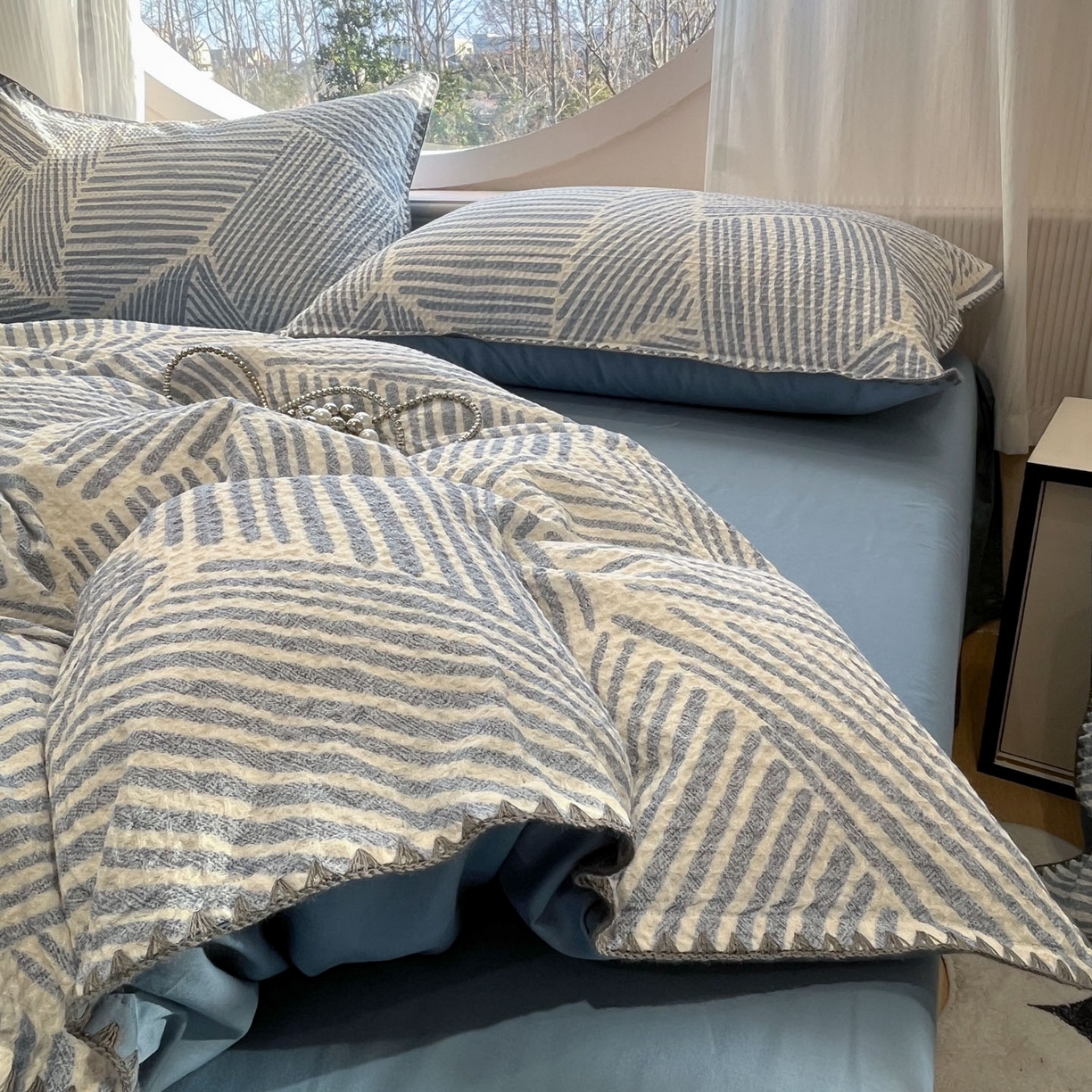 91家纺网 家纺一手货源 找家纺 莱茵家居 2026新款A类全棉华夫格印花贝壳边套件-华夫系列 华夫-尼罗蓝