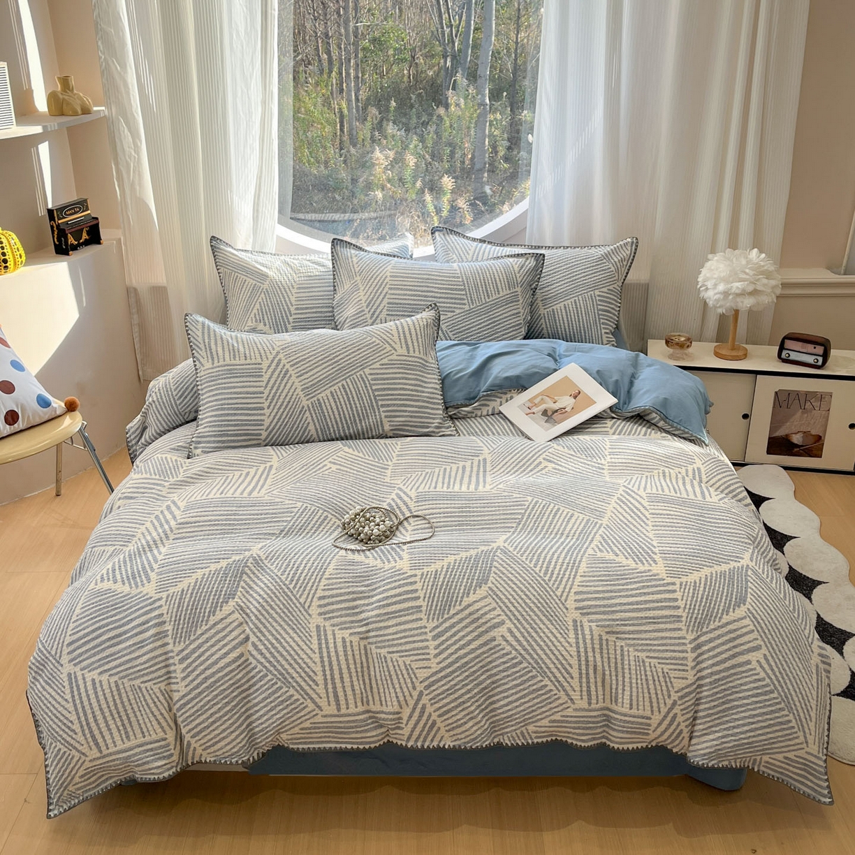 91家纺网 家纺一手货源 找家纺 莱茵家居 2026新款A类全棉华夫格印花贝壳边套件-华夫系列 华夫-尼罗蓝