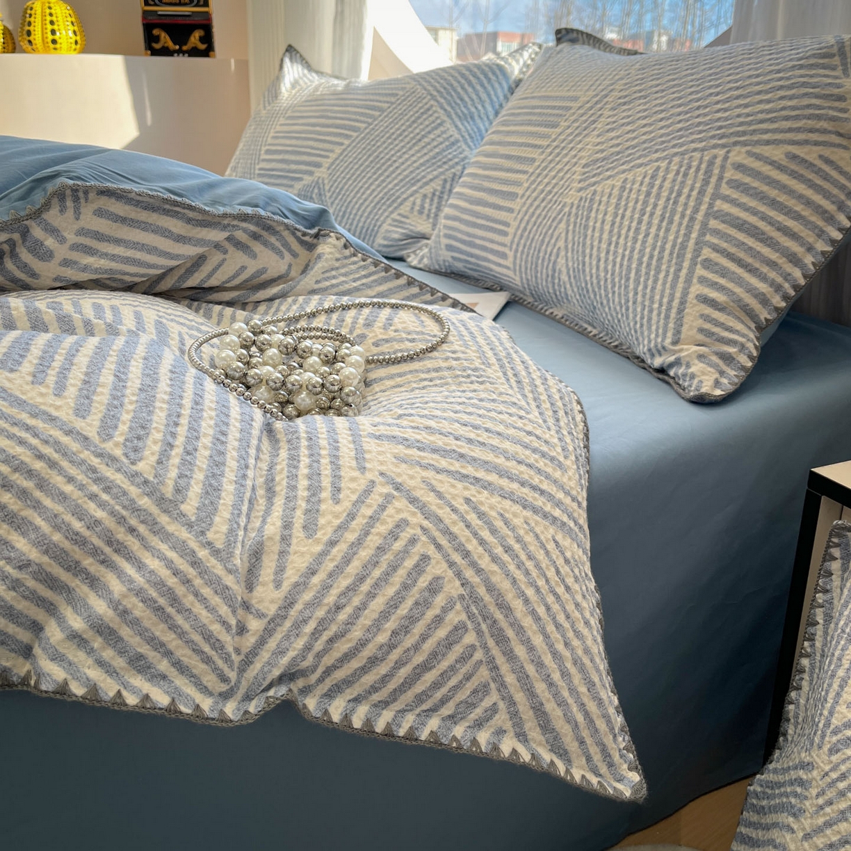 91家纺网 家纺一手货源 找家纺 莱茵家居 2026新款A类全棉华夫格印花贝壳边套件-华夫系列 华夫-尼罗蓝