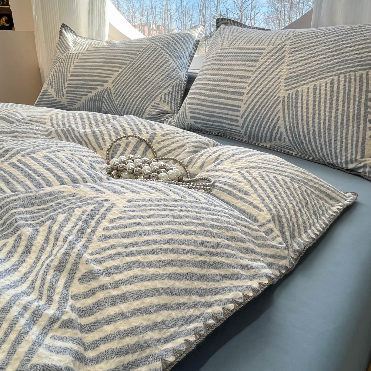 91家纺网 家纺一手货源 找家纺 莱茵家居 2026新款A类全棉华夫格印花贝壳边套件-华夫系列 华夫-尼罗蓝