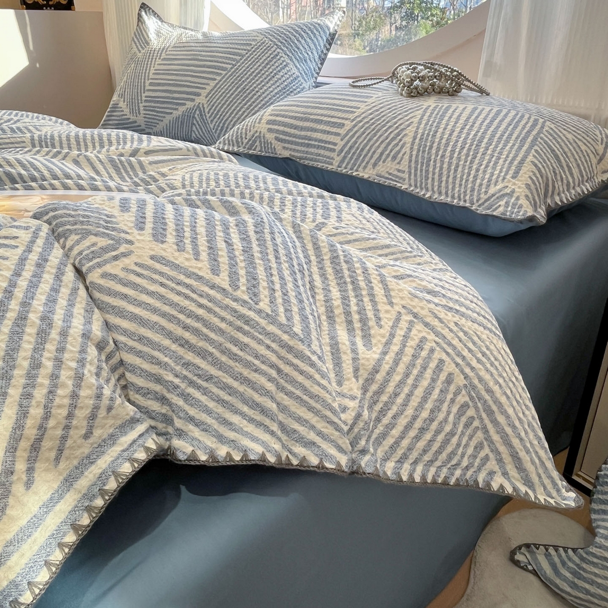 91家纺网 家纺一手货源 找家纺 莱茵家居 2026新款A类全棉华夫格印花贝壳边套件-华夫系列 华夫-尼罗蓝