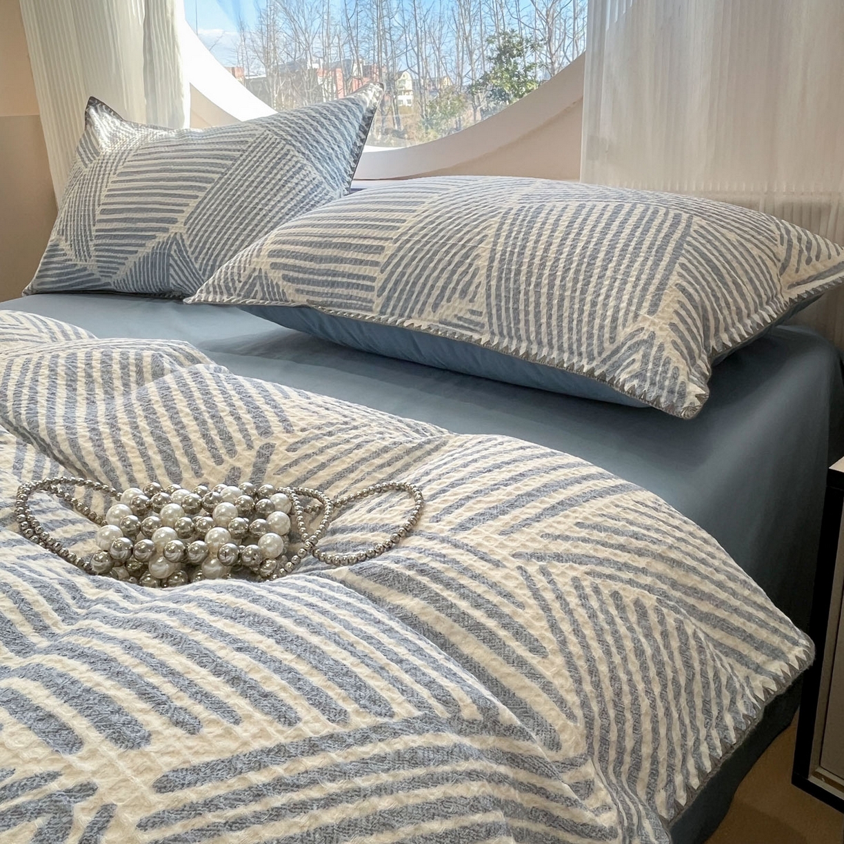 91家纺网 家纺一手货源 找家纺 莱茵家居 2026新款A类全棉华夫格印花贝壳边套件-华夫系列 华夫-尼罗蓝