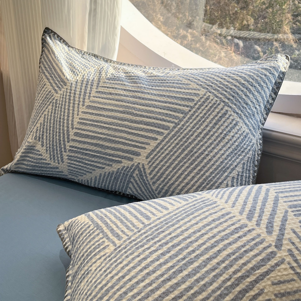 91家纺网 家纺一手货源 找家纺 莱茵家居 2026新款A类全棉华夫格印花贝壳边套件-华夫系列 华夫-尼罗蓝