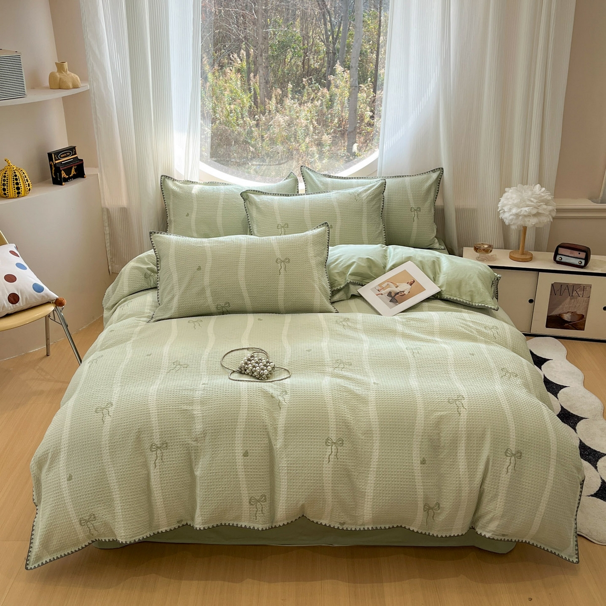 91家纺网 家纺一手货源 找家纺 莱茵家居 2026新款A类全棉华夫格印花贝壳边套件-华夫系列 华夫-青提