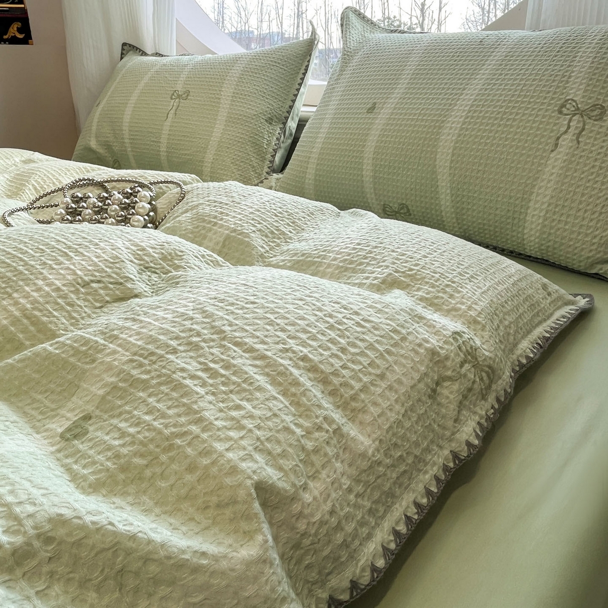 91家纺网 家纺一手货源 找家纺 莱茵家居 2026新款A类全棉华夫格印花贝壳边套件-华夫系列 华夫-青提