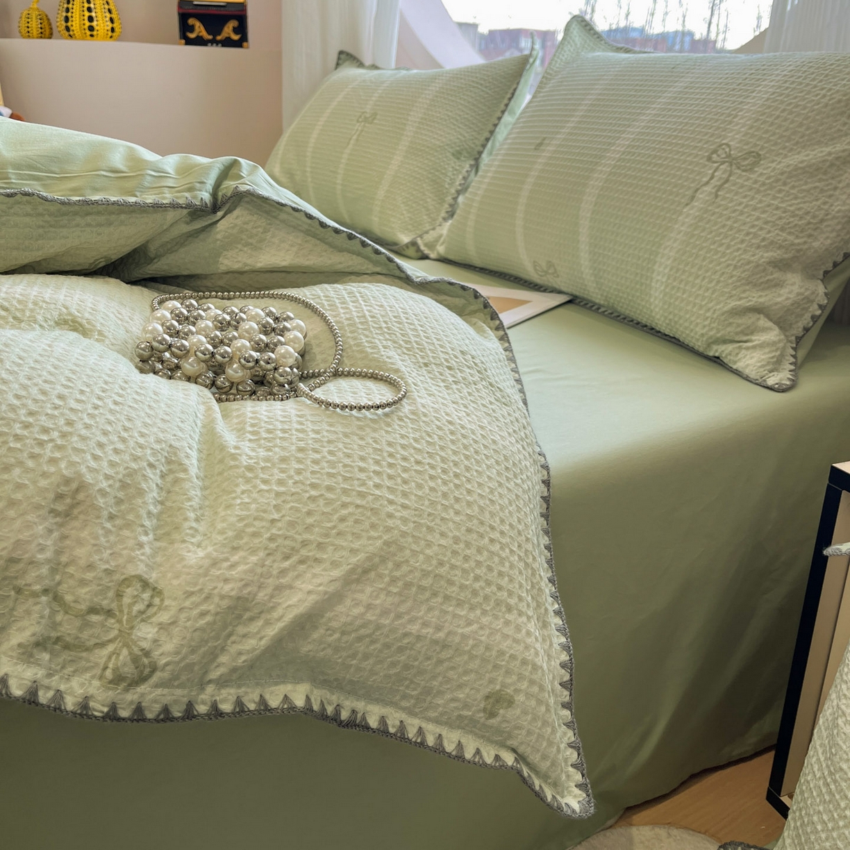 91家纺网 家纺一手货源 找家纺 莱茵家居 2026新款A类全棉华夫格印花贝壳边套件-华夫系列 华夫-青提