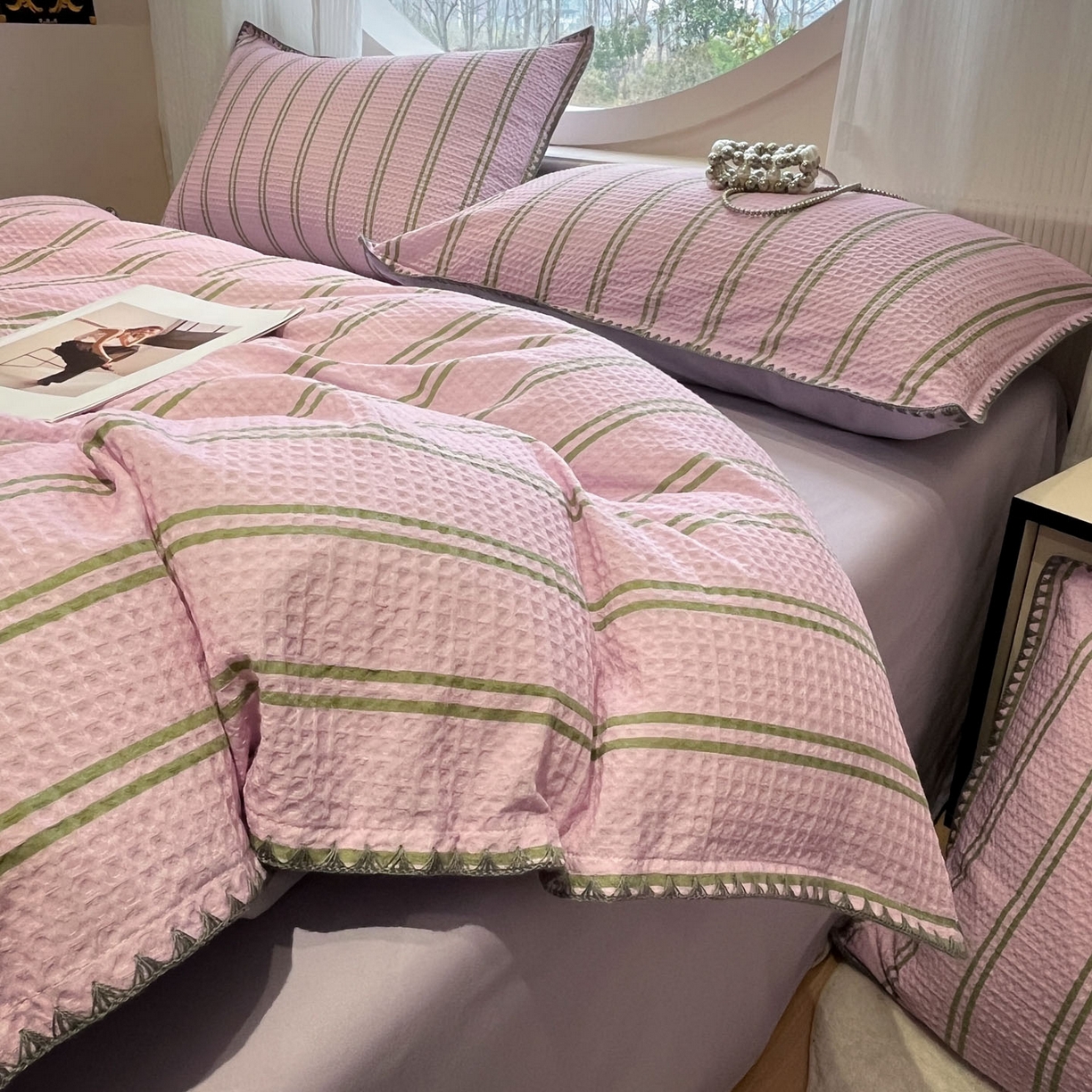 91家纺网 家纺一手货源 找家纺 莱茵家居 2026新款A类全棉华夫格印花贝壳边套件-华夫系列 华夫-树莓