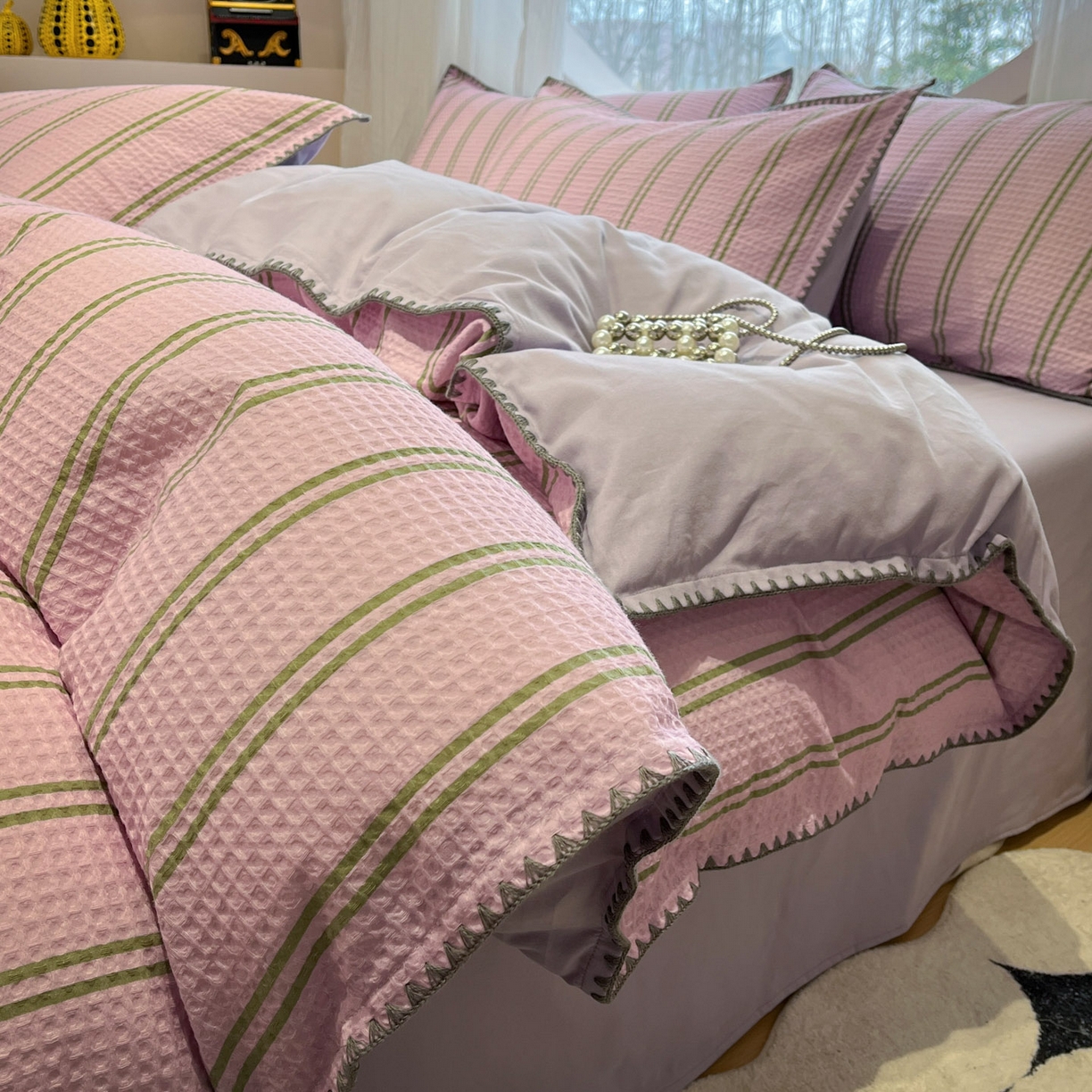 莱茵家居 2026新款A类全棉华夫格印花贝壳边套件-华夫系列 华夫-树莓