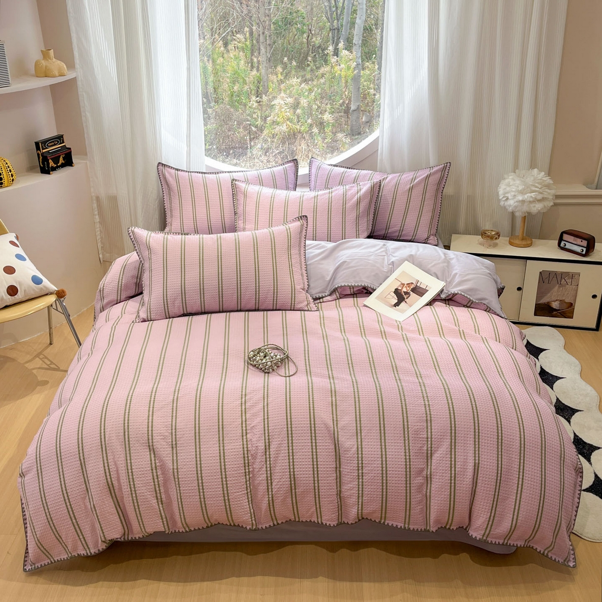 91家纺网 家纺一手货源 找家纺 莱茵家居 2026新款A类全棉华夫格印花贝壳边套件-华夫系列 华夫-树莓