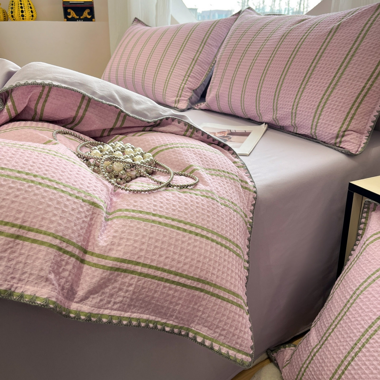 91家纺网 家纺一手货源 找家纺 莱茵家居 2026新款A类全棉华夫格印花贝壳边套件-华夫系列 华夫-树莓