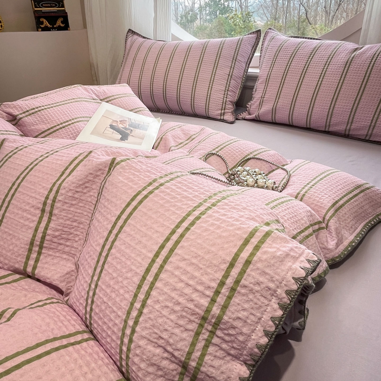 91家纺网 家纺一手货源 找家纺 莱茵家居 2026新款A类全棉华夫格印花贝壳边套件-华夫系列 华夫-树莓