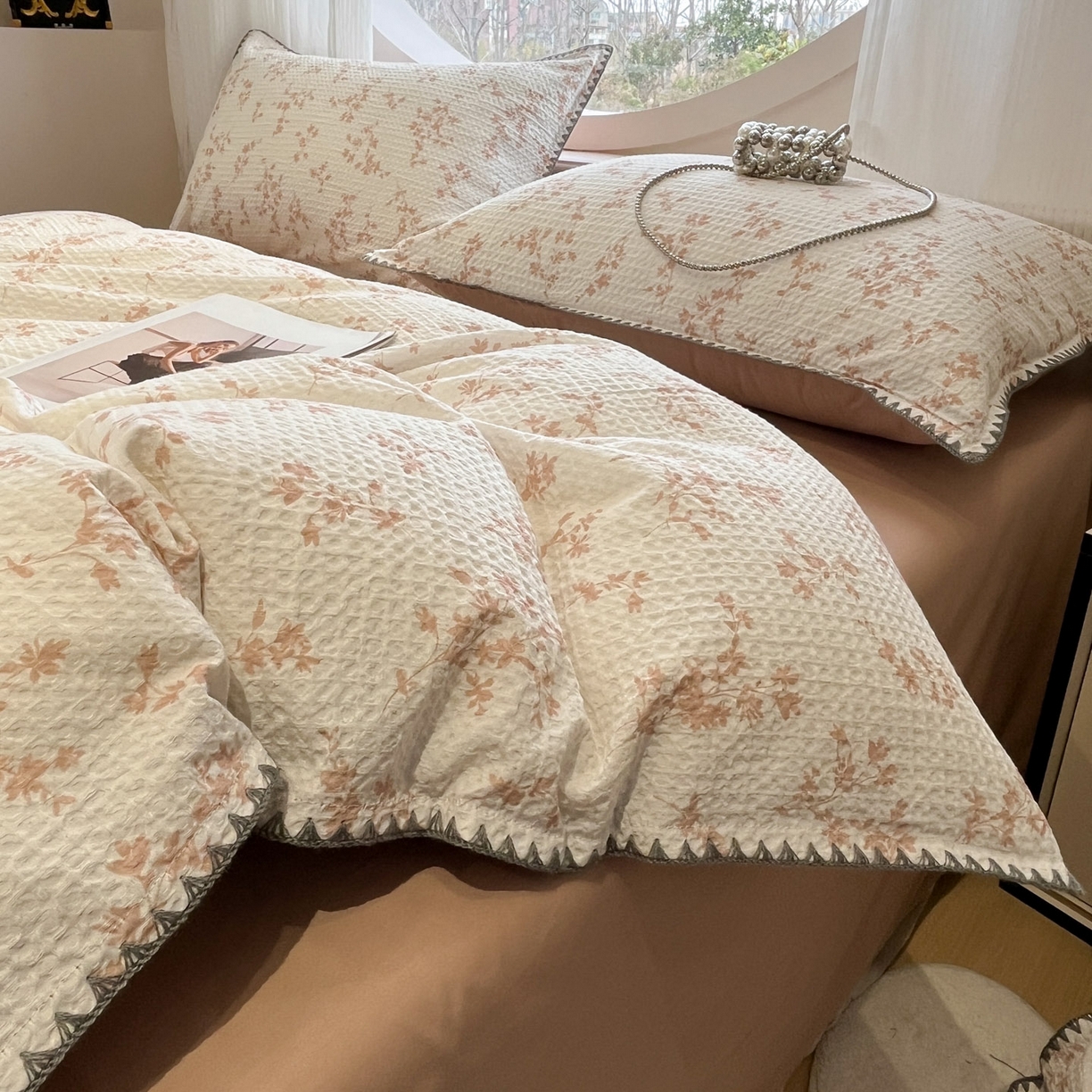 91家纺网 家纺一手货源 找家纺 莱茵家居 2026新款A类全棉华夫格印花贝壳边套件-华夫系列 华夫-苏黎