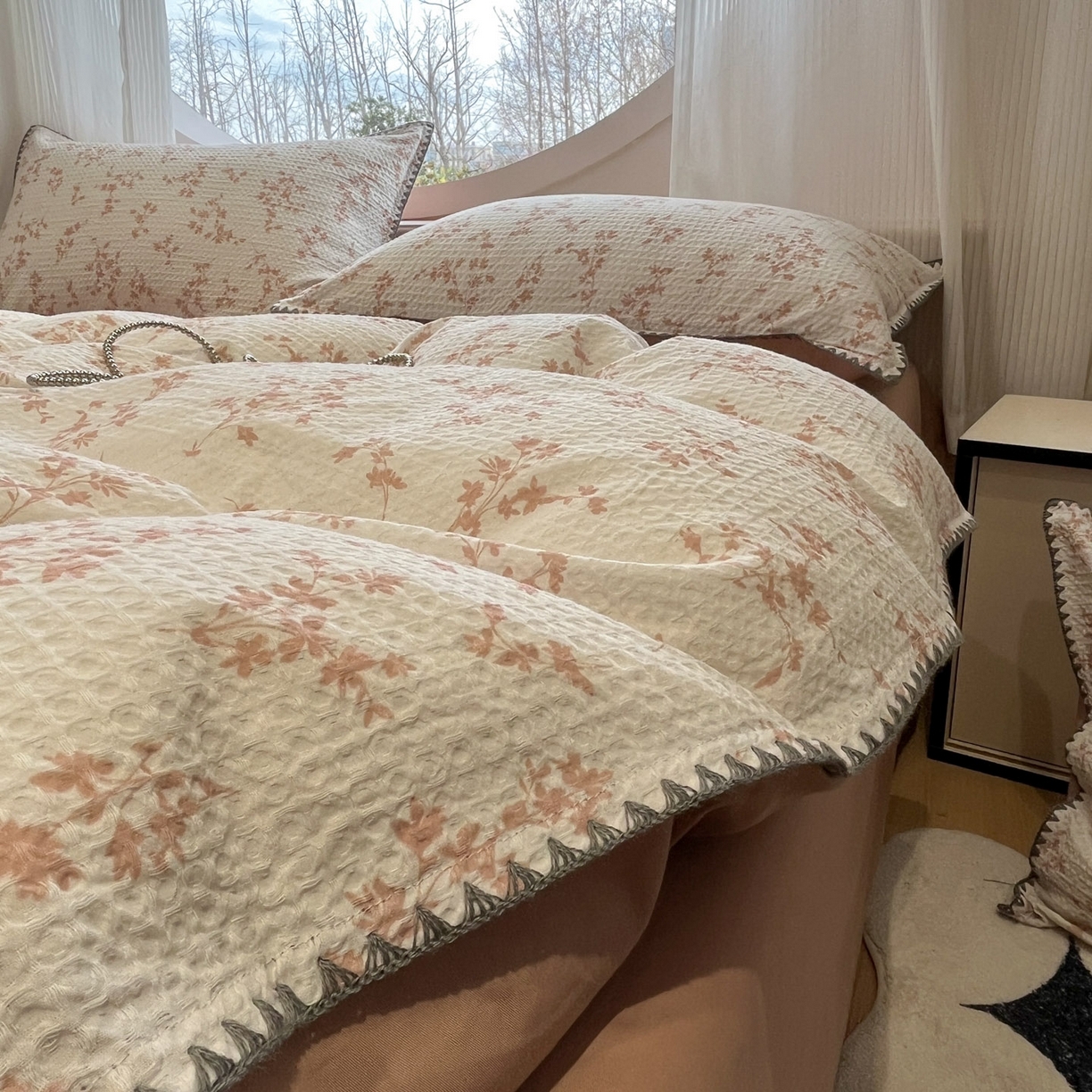 91家纺网 家纺一手货源 找家纺 莱茵家居 2026新款A类全棉华夫格印花贝壳边套件-华夫系列 华夫-苏黎