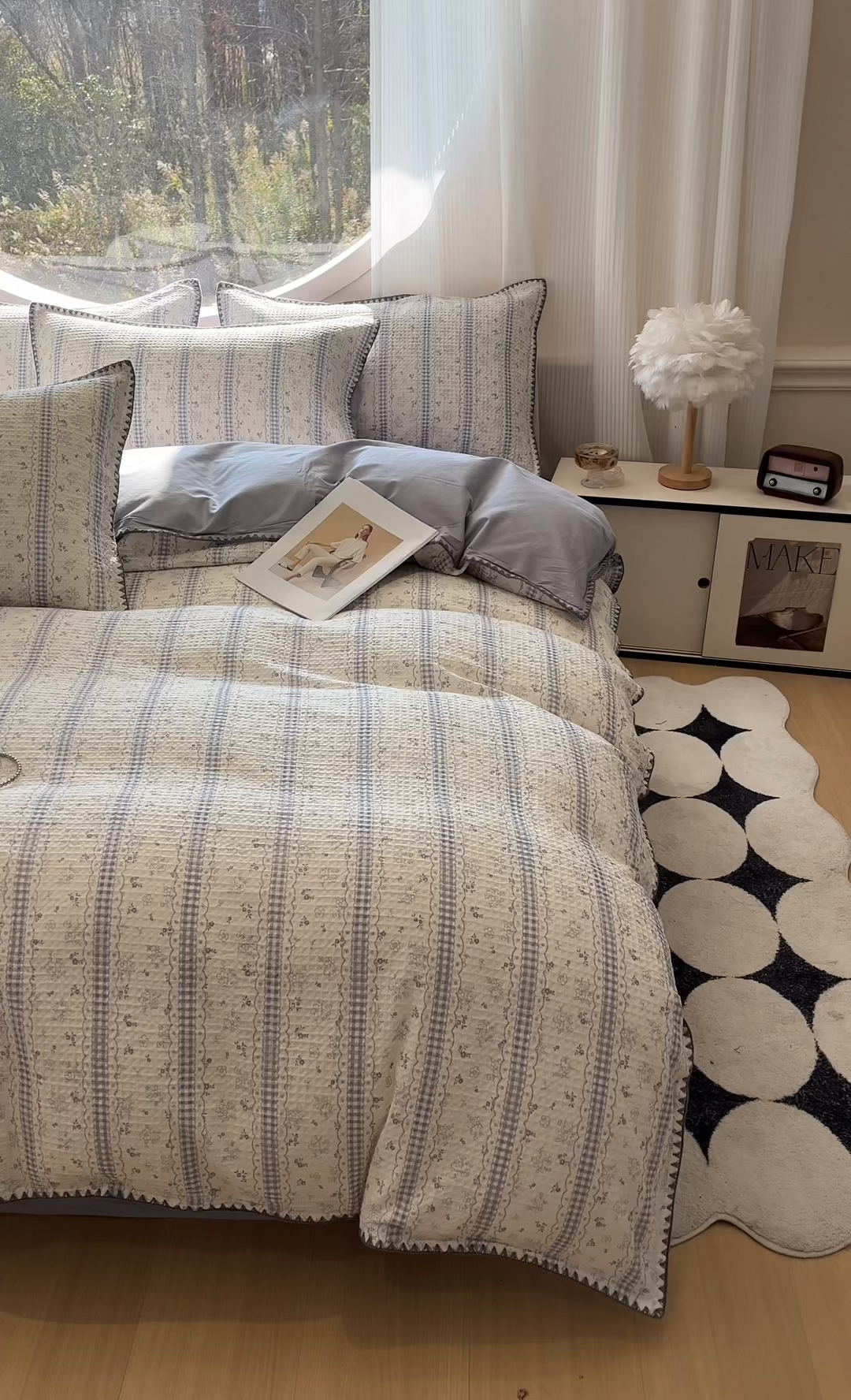 91家纺网 家纺一手货源 找家纺 莱茵家居 2026新款A类全棉华夫格印花贝壳边套件-华夫系列 华夫-丁香