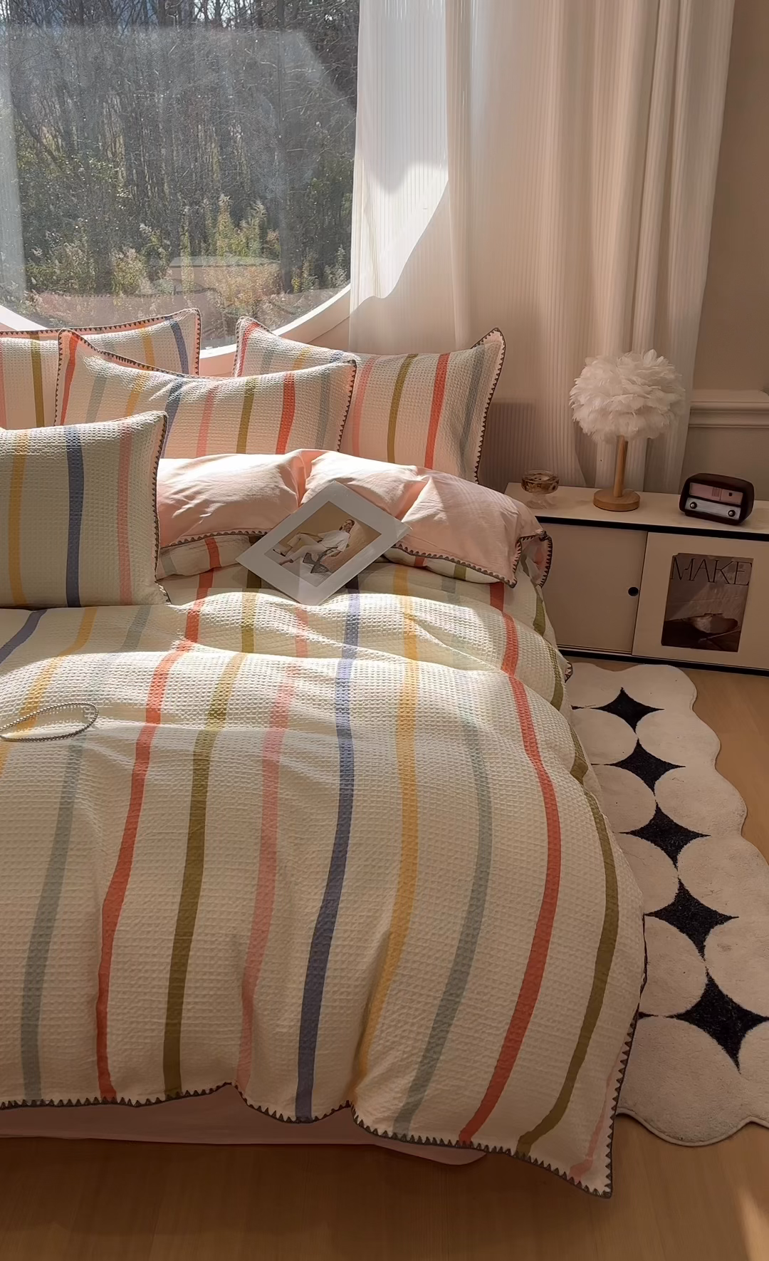 91家纺网 家纺一手货源 找家纺 莱茵家居 2026新款A类全棉华夫格印花贝壳边套件-华夫系列 华夫-枫糖粉