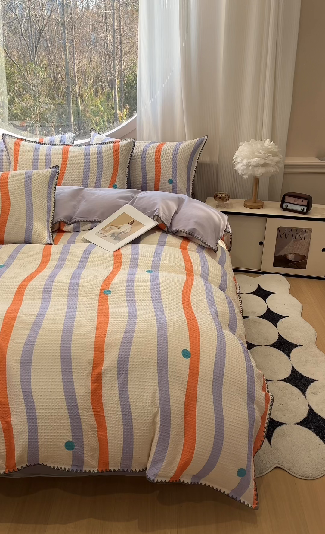 91家纺网 家纺一手货源 找家纺 莱茵家居 2026新款A类全棉华夫格印花贝壳边套件-华夫系列 华夫-枫糖紫