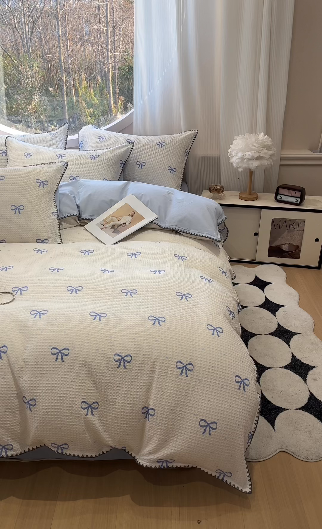 91家纺网 家纺一手货源 找家纺 莱茵家居 2026新款A类全棉华夫格印花贝壳边套件-华夫系列 华夫-蓝铃