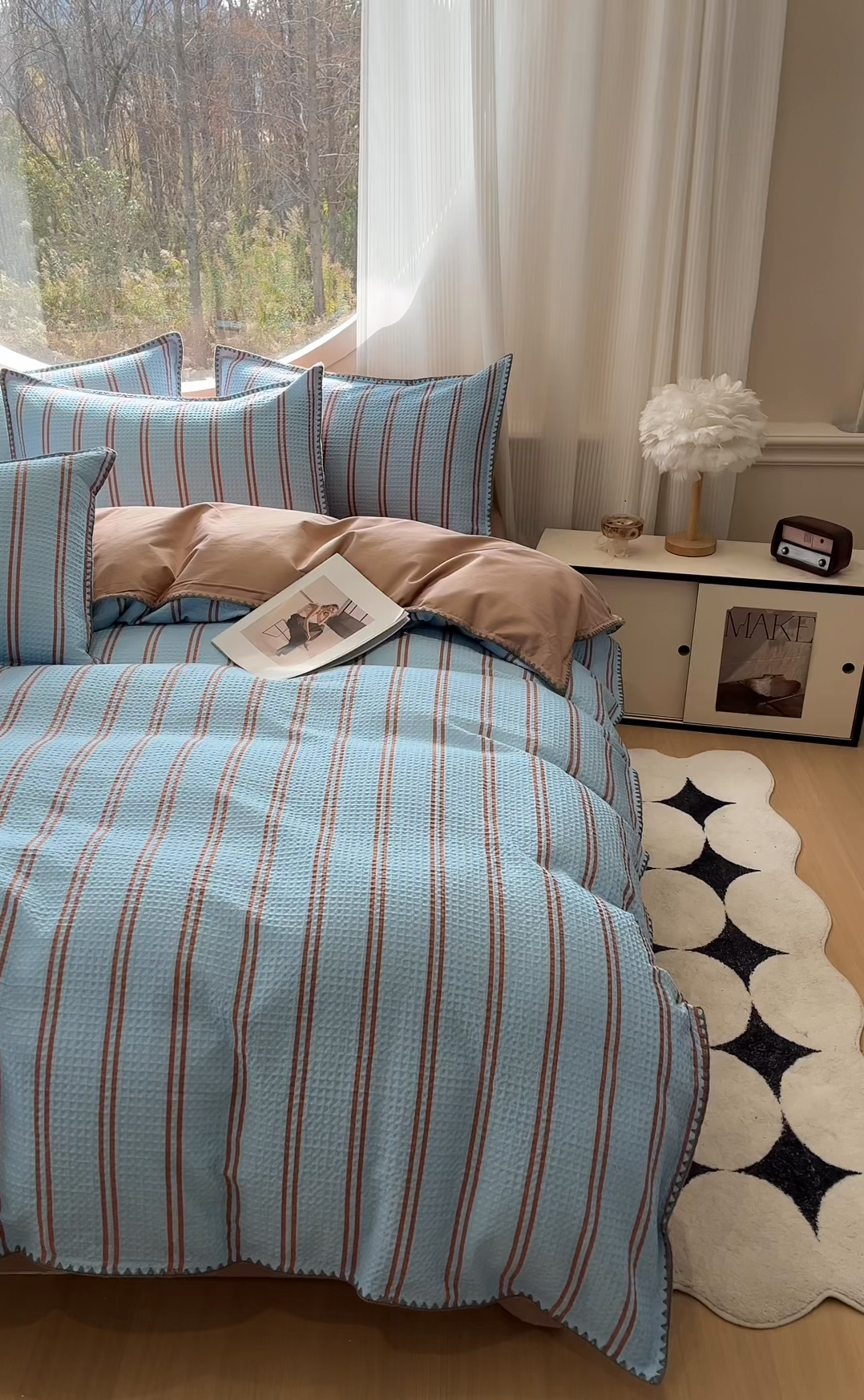 91家纺网 家纺一手货源 找家纺 莱茵家居 2026新款A类全棉华夫格印花贝壳边套件-华夫系列 华夫-蓝莓