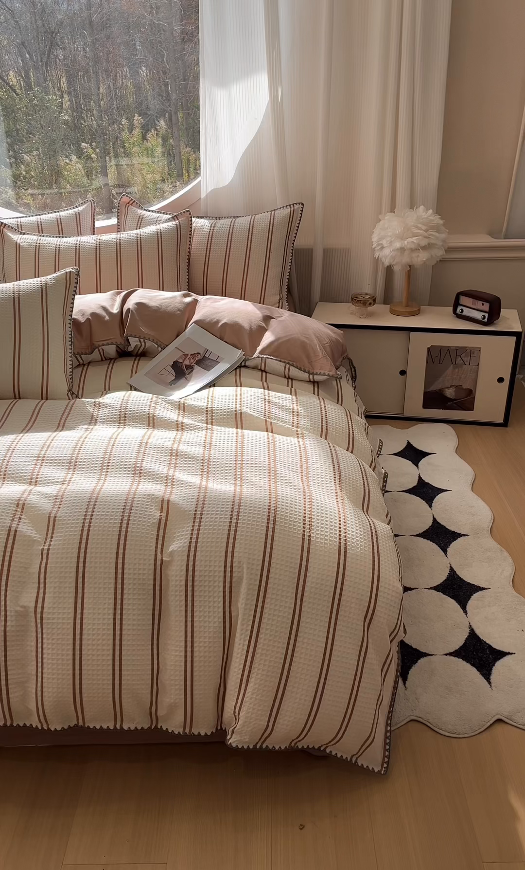 91家纺网 家纺一手货源 找家纺 莱茵家居 2026新款A类全棉华夫格印花贝壳边套件-华夫系列 华夫-拿铁