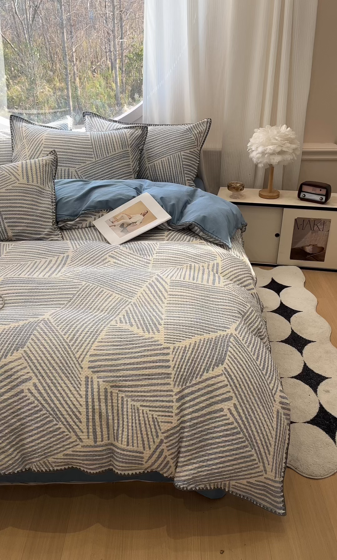 91家纺网 家纺一手货源 找家纺 莱茵家居 2026新款A类全棉华夫格印花贝壳边套件-华夫系列 华夫-尼罗蓝