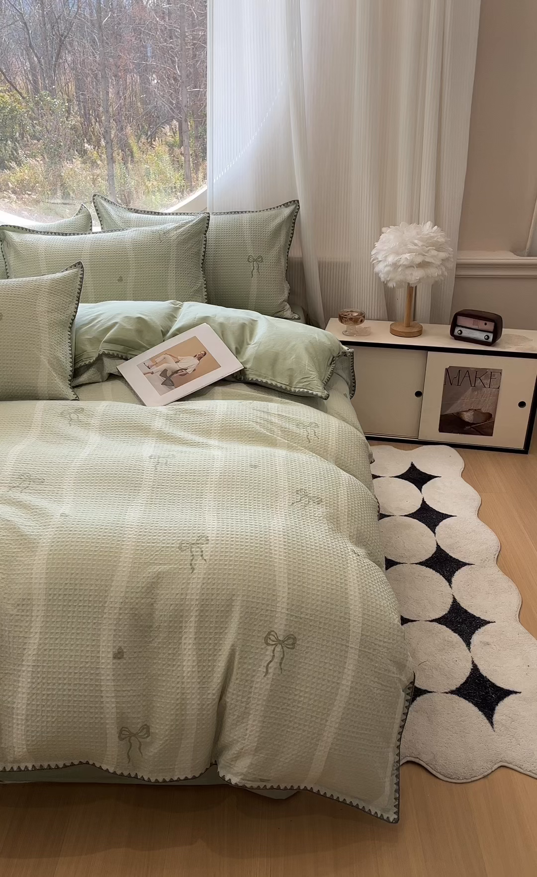 91家纺网 家纺一手货源 找家纺 莱茵家居 2026新款A类全棉华夫格印花贝壳边套件-华夫系列 华夫-青提