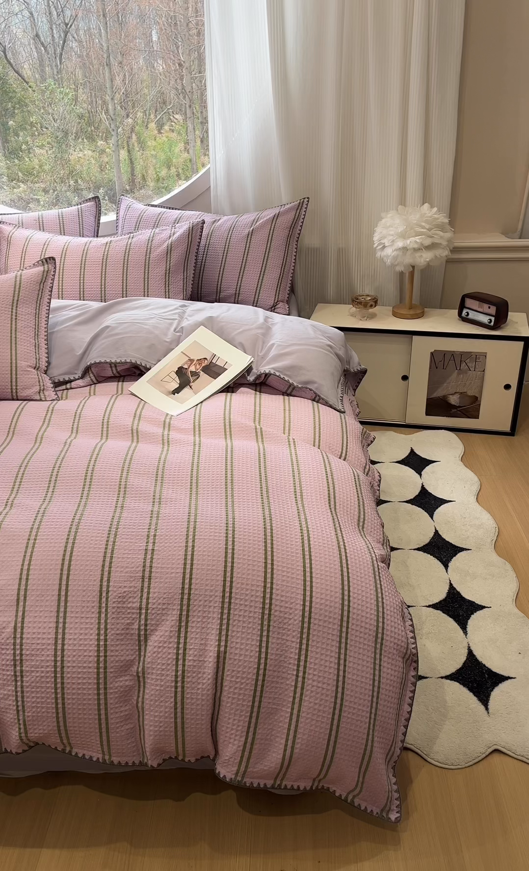 91家纺网 家纺一手货源 找家纺 莱茵家居 2026新款A类全棉华夫格印花贝壳边套件-华夫系列 华夫-树莓