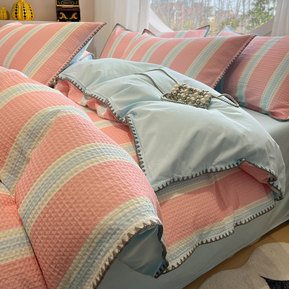 91家纺网 家纺一手货源 找家纺 （总）莱茵家居 2026新款A类全棉华夫格印花贝壳边套件-华夫系列