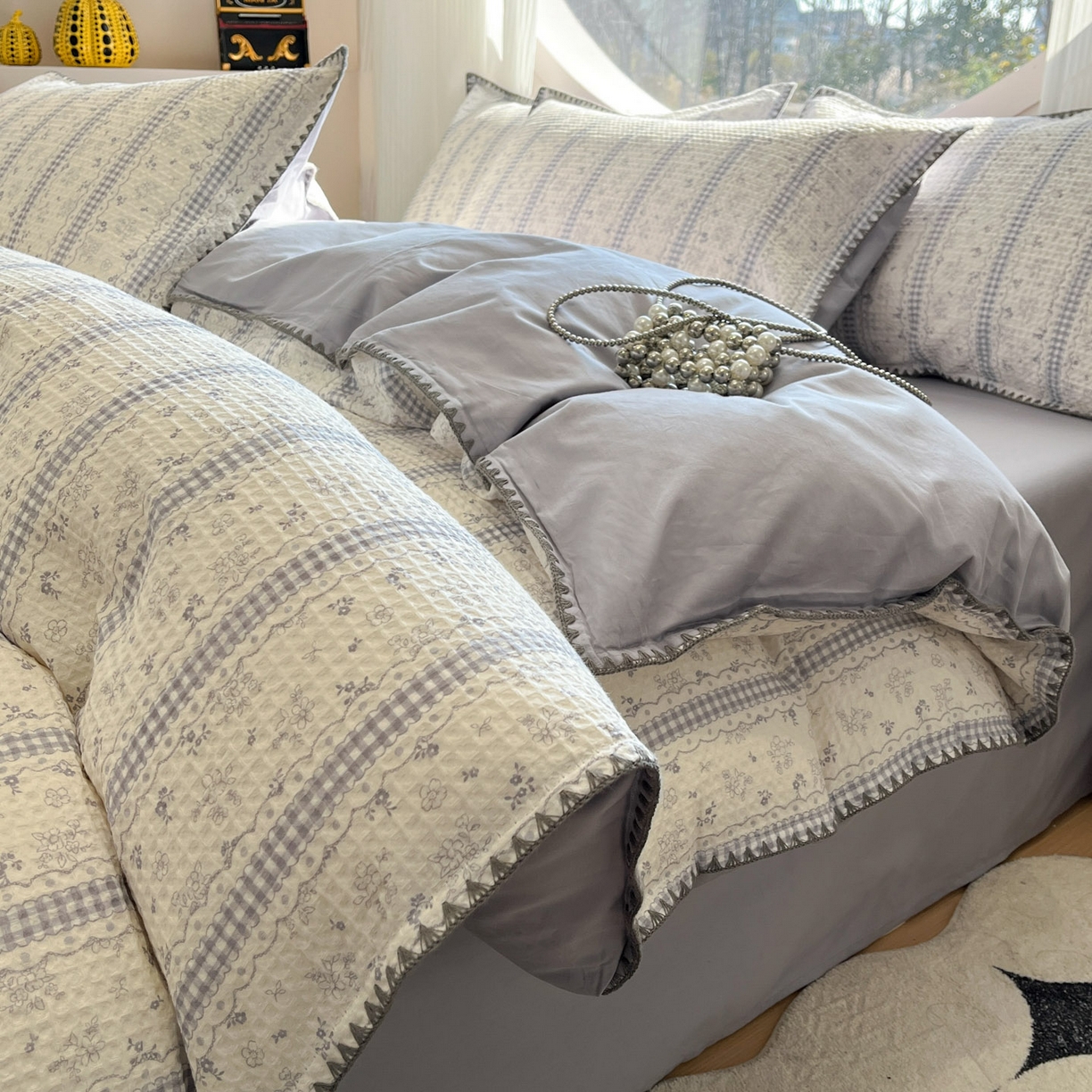 91家纺网 家纺一手货源 找家纺 （总）莱茵家居 2026新款A类全棉华夫格印花贝壳边套件-华夫系列