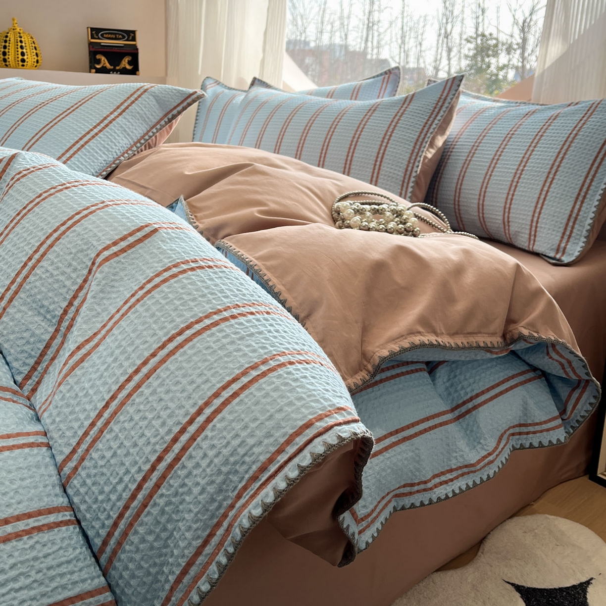 91家纺网 家纺一手货源 找家纺 （总）莱茵家居 2026新款A类全棉华夫格印花贝壳边套件-华夫系列