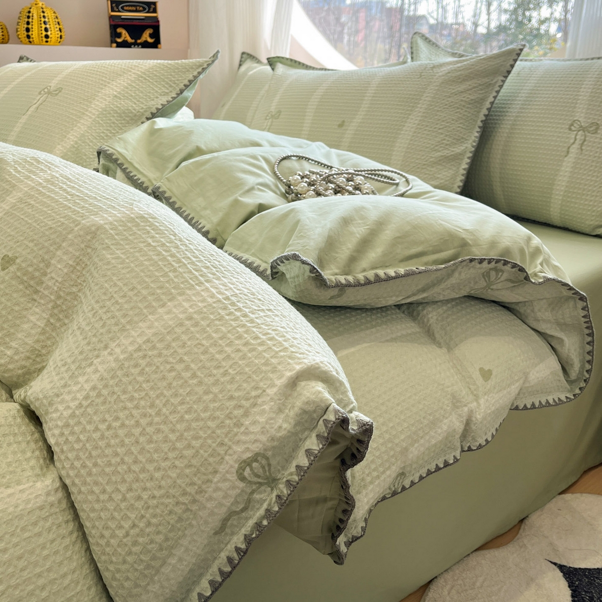 91家纺网 家纺一手货源 找家纺 （总）莱茵家居 2026新款A类全棉华夫格印花贝壳边套件-华夫系列