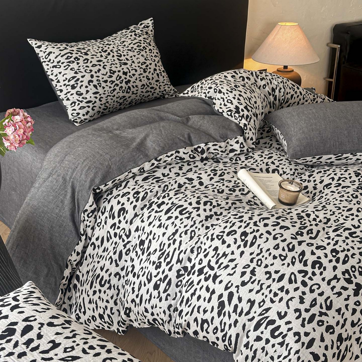 91家纺网 家纺一手货源 找家纺 莱茵家居 2026新款A类60支全棉纯棉复古侘寂风色织提花四件套-墨隙系列 豹纹-深灰