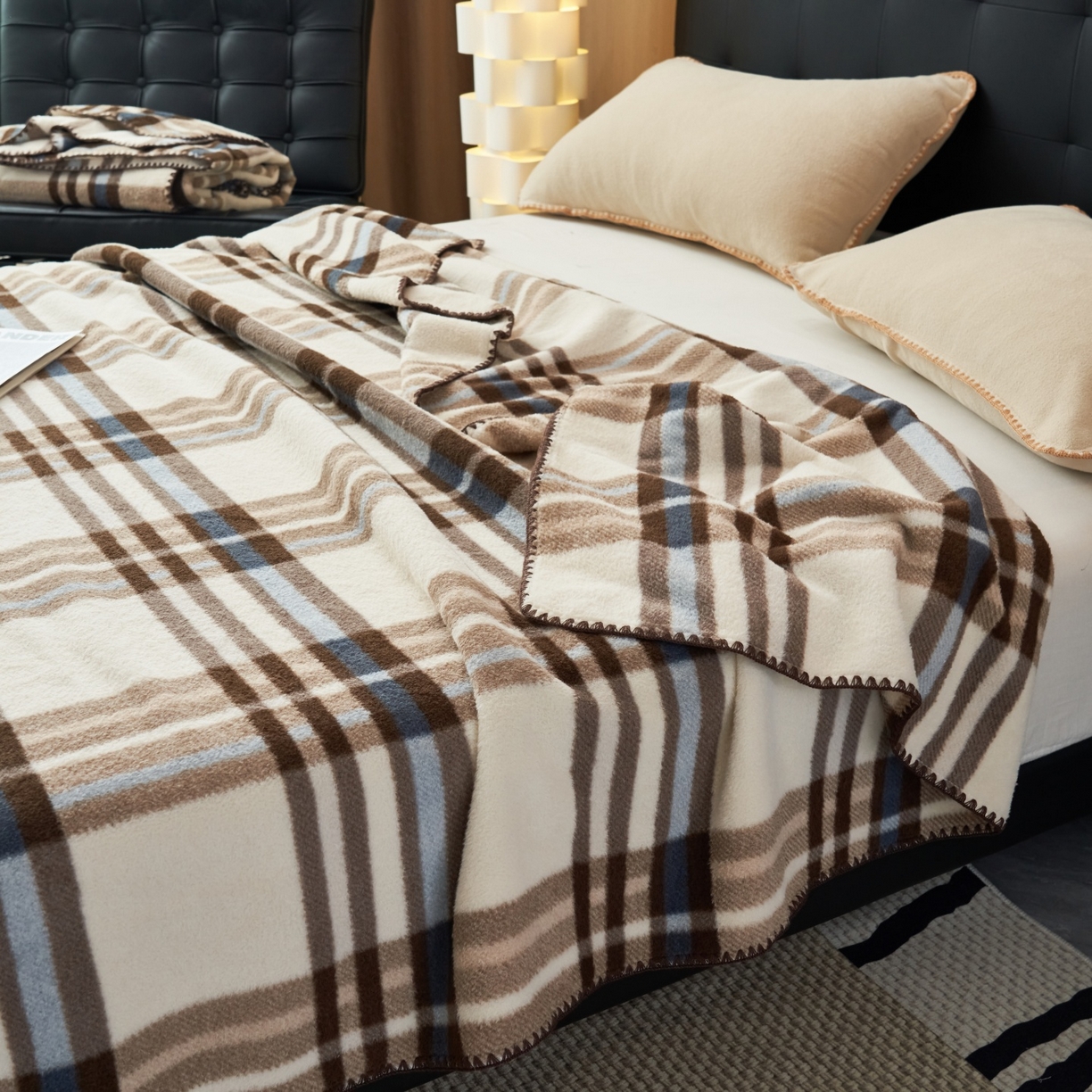 91家纺网 家纺一手货源 找家纺 莱家富 2026新款加厚高端仿羊绒毛毯沙发盖毯午睡盖被双层复古四季毯礼盒装 经典格