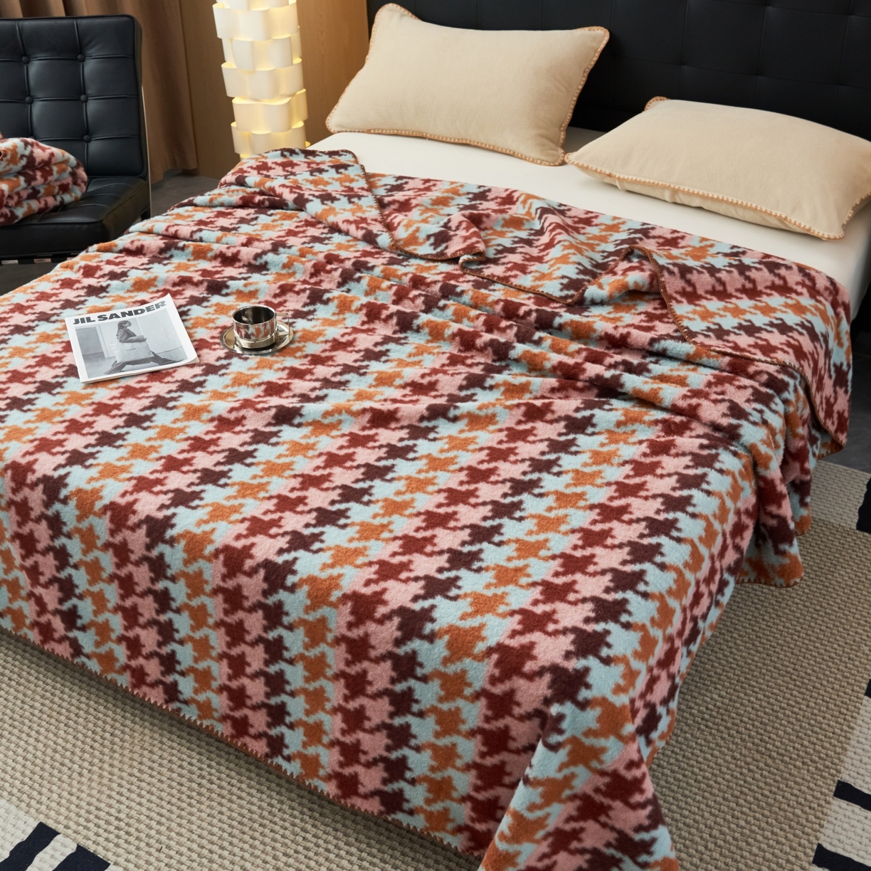 91家纺网 家纺一手货源 找家纺 莱家富 2026新款加厚高端仿羊绒毛毯沙发盖毯午睡盖被双层复古四季毯礼盒装 千鸟格