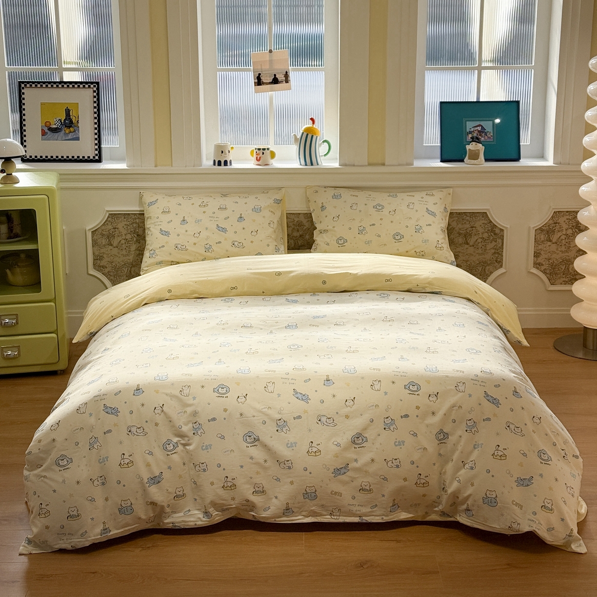 91家纺网 家纺一手货源 找家纺 呗旺鹿 2026新款全棉纯棉40支13070卡通印花四件套-场景二 机灵猫