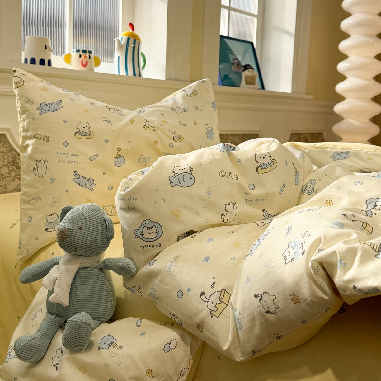 91家纺网 家纺一手货源 找家纺 呗旺鹿 2026新款全棉纯棉40支13070卡通印花四件套-场景二 机灵猫