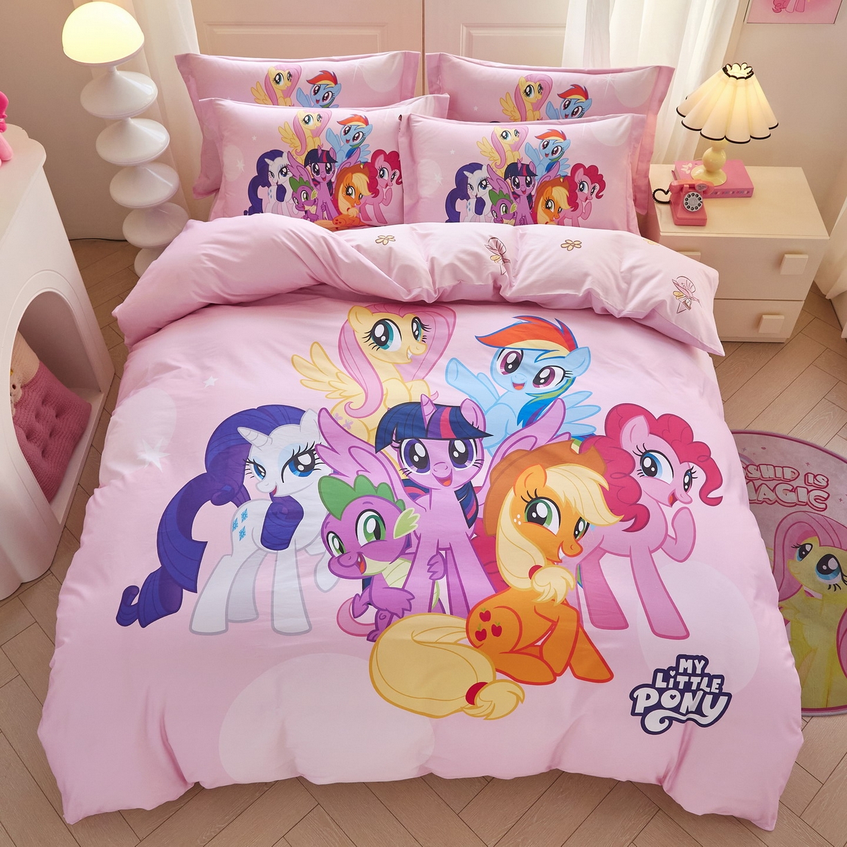 91家纺网 家纺一手货源 找家纺 蘭菲家纺 2026新款全棉纯棉大版卡通四件套-小马宝莉 大家族.宝莉