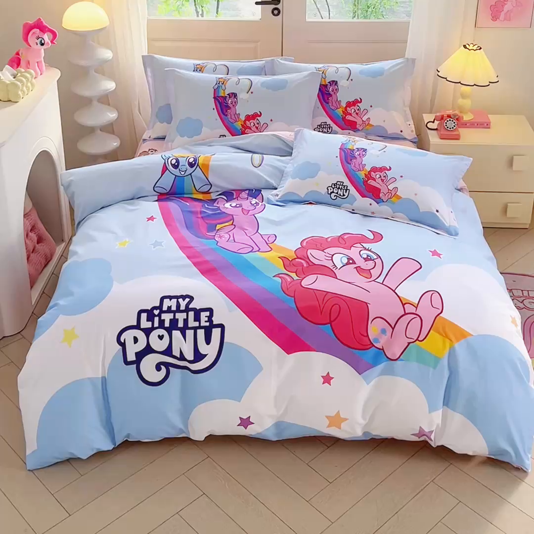 91家纺网 家纺一手货源 找家纺 蘭菲家纺 2026新款全棉纯棉大版卡通四件套-小马宝莉 嗨皮.宝莉