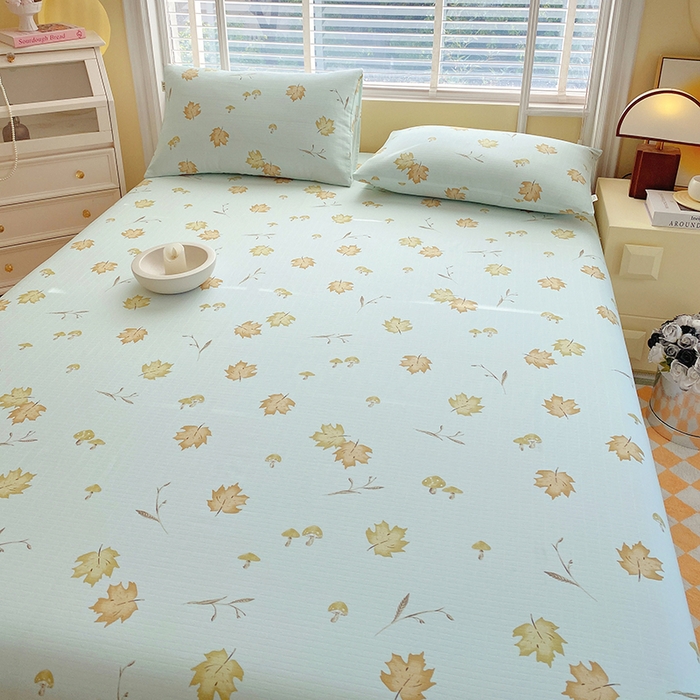 91家纺网 家纺一手货源 找家纺 爱彼家纺 2026新款全棉纯棉老粗布凉席单床单席子床单三件套-系列三 华夫格-绿林枫叶