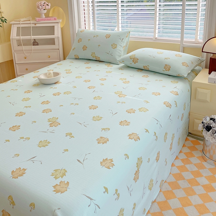 91家纺网 家纺一手货源 找家纺 爱彼家纺 2026新款全棉纯棉老粗布凉席单床单席子床单三件套-系列三 华夫格-绿林枫叶