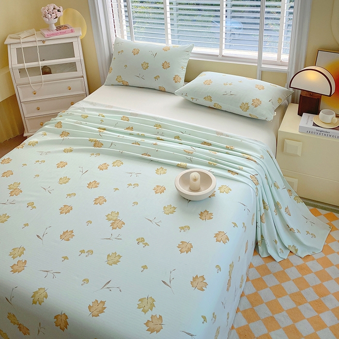 91家纺网 家纺一手货源 找家纺 爱彼家纺 2026新款全棉纯棉老粗布凉席单床单席子床单三件套-系列三 华夫格-绿林枫叶