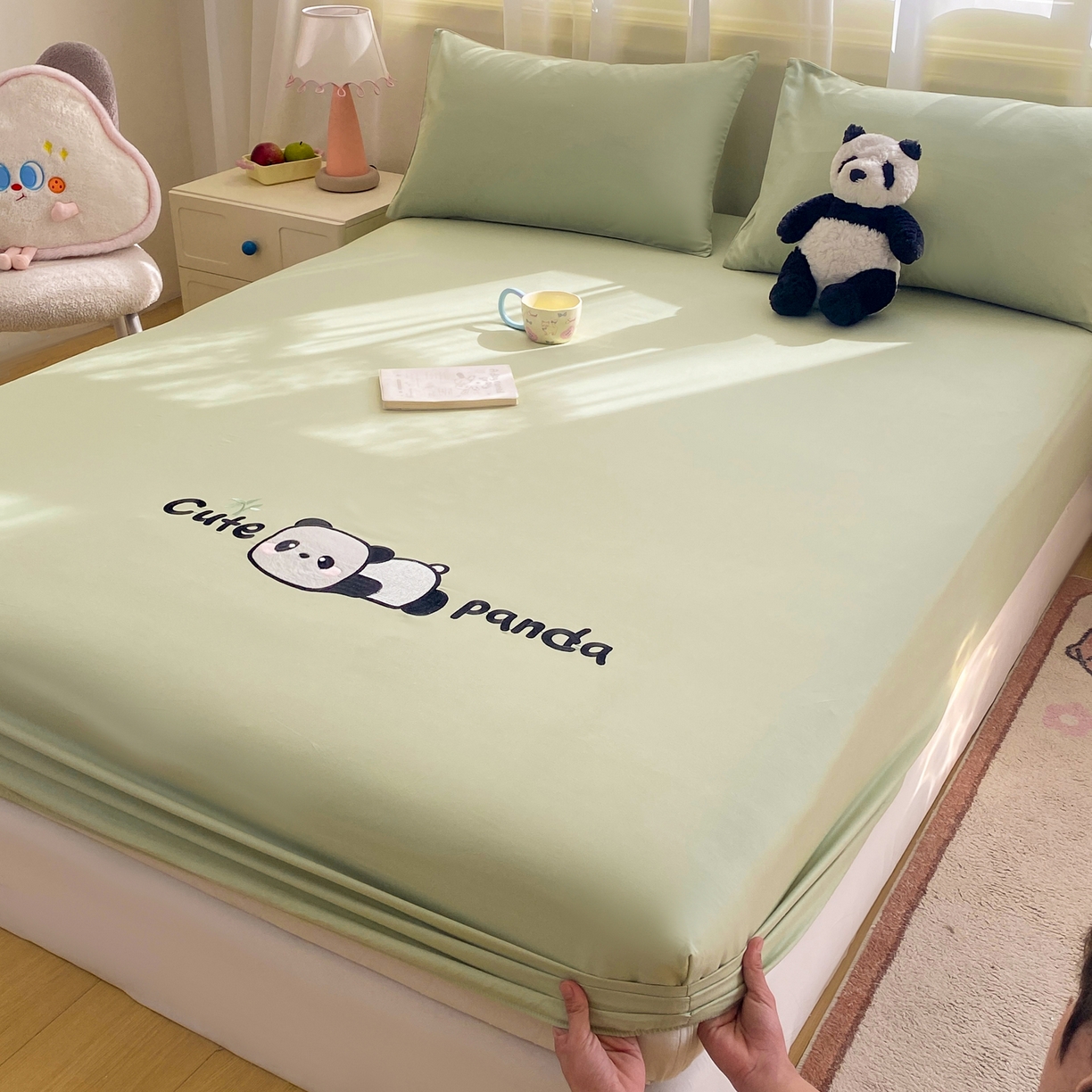 恋人优选 2026新款爬爬熊刺绣全棉纯棉单床笠床笠单件（专版花型 盗版必究） 爬爬熊刺绣果绿