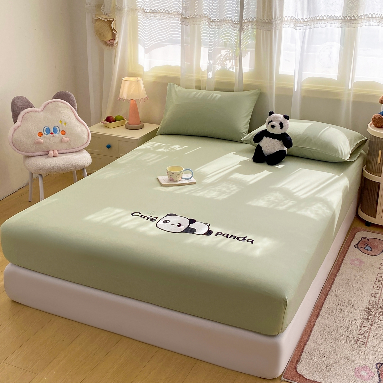 91家纺网 家纺一手货源 找家纺 恋人优选 2026新款爬爬熊刺绣全棉纯棉单床笠床笠单件（专版花型 盗版必究） 爬爬熊刺绣果绿